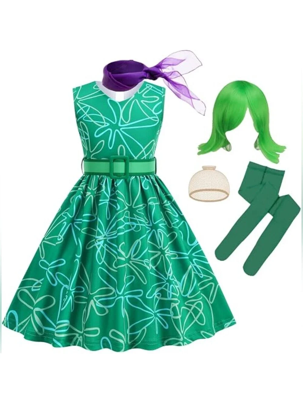 NWT Luzlen Girls Green Fancy Dress with Wig Costume or Theme Party, 120 (4-5 yr)